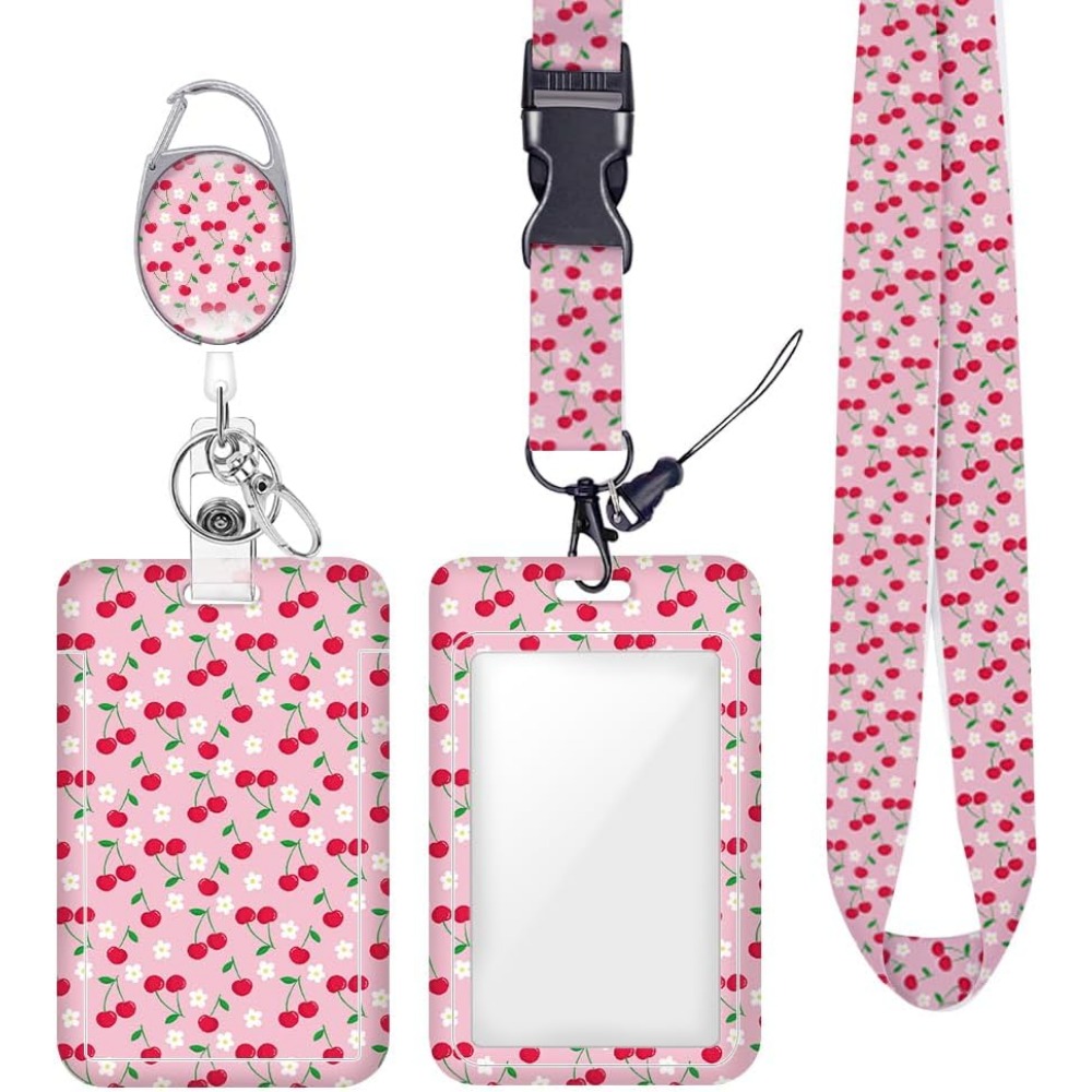 Lanyard Badge Holder - Dikey Pembe Çiçekli Kimlik Kartı Tutucu