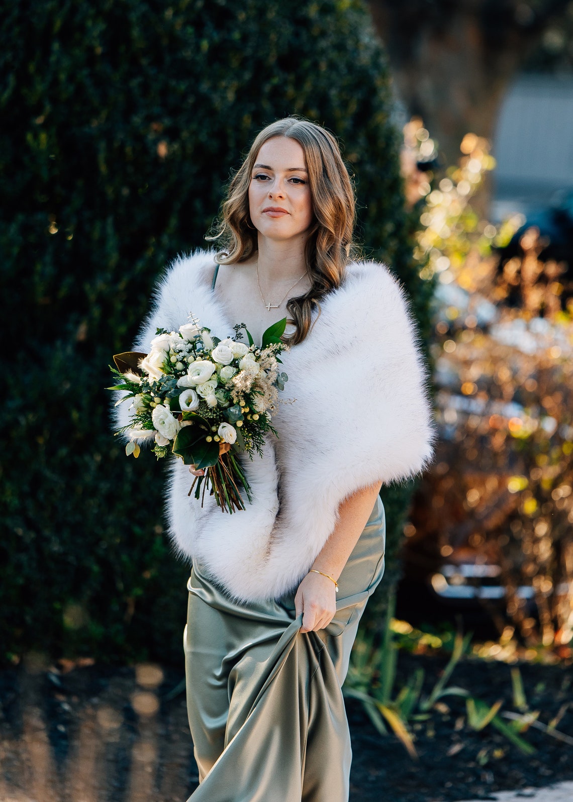 Stole Wedding Shawl - Siyah ipuçları ile fildişi faux kürk